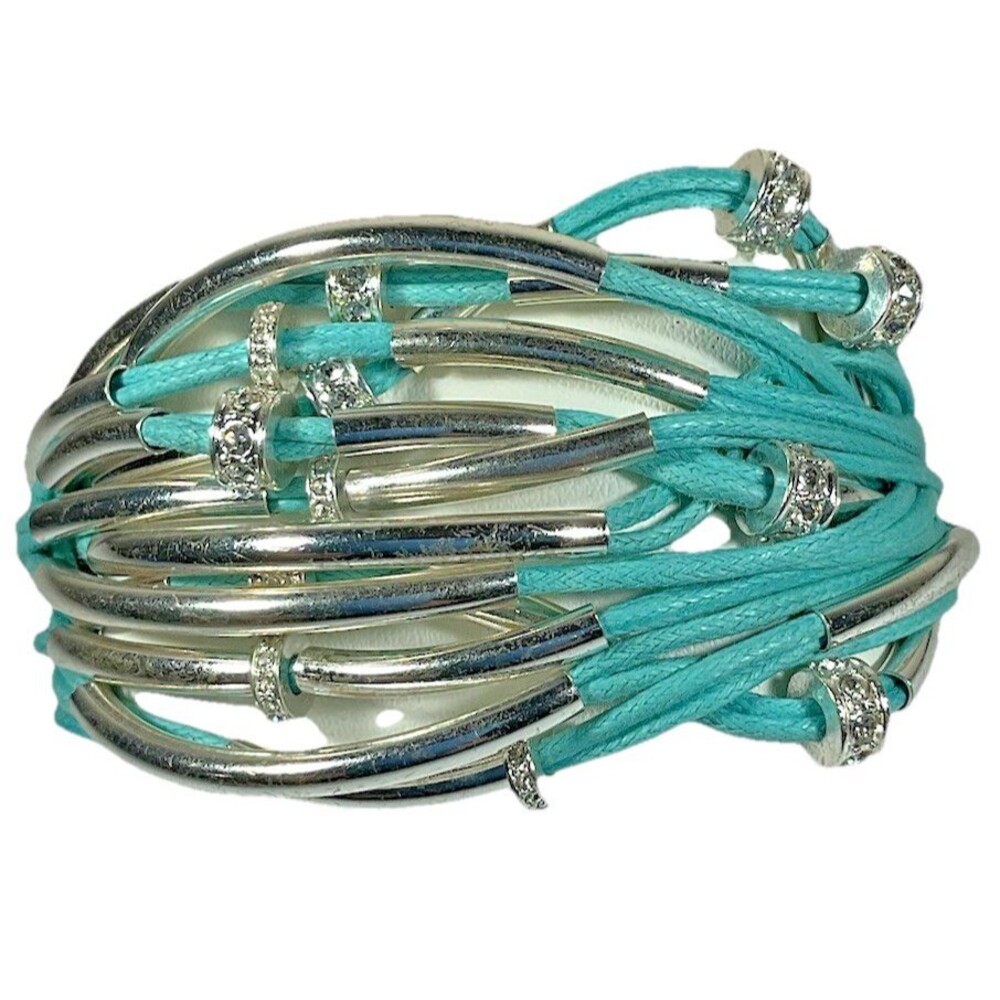 Chunky Wide Bracelet Silver Plated Tubes Crystal Turquoise Cord 24 Strand Toggle